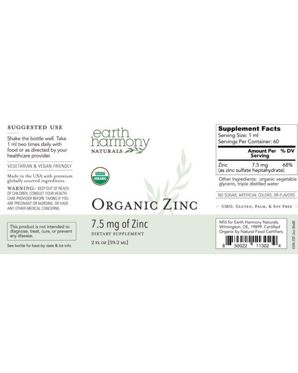 Earth Harmony Organic Zinc Supplement Facts